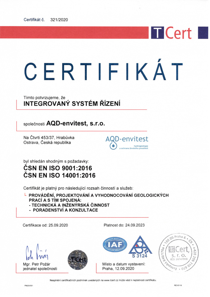 Certifikát ČSN EN ISO 9001:2009, ČSN EN ISO 14001:2005