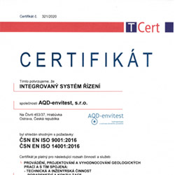 Certifikát ČSN EN ISO 9001:2009, ČSN EN ISO 14001:2005