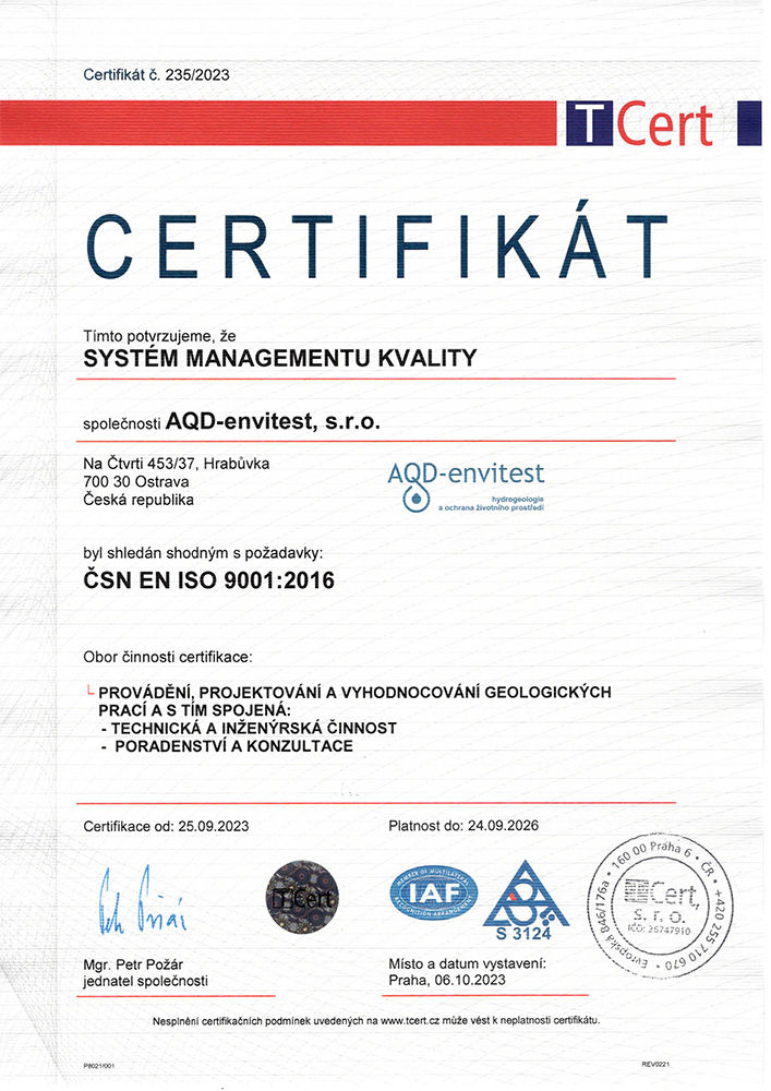 Certifikát ČSN EN ISO 9001:2009